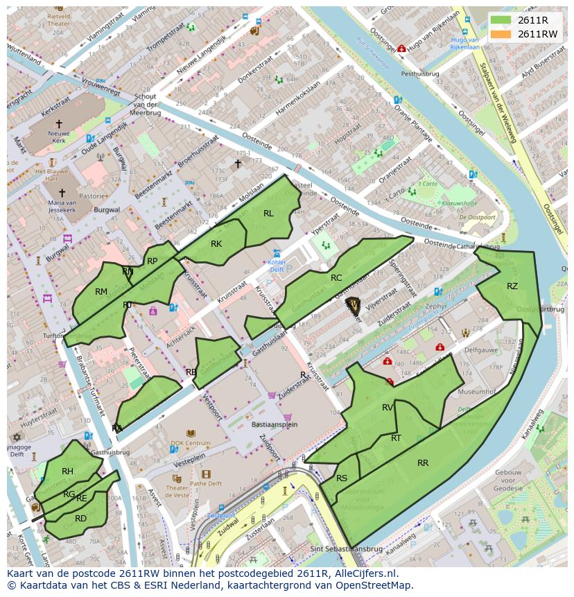 Afbeelding van het postcodegebied 2611 RW op de kaart.
