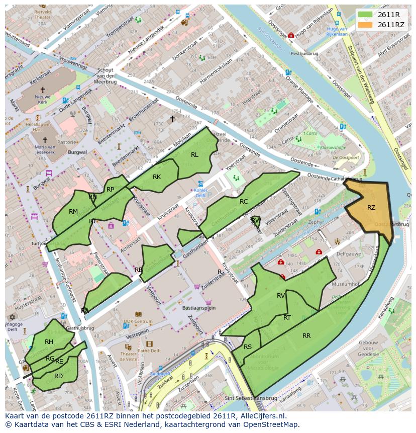 Afbeelding van het postcodegebied 2611 RZ op de kaart.