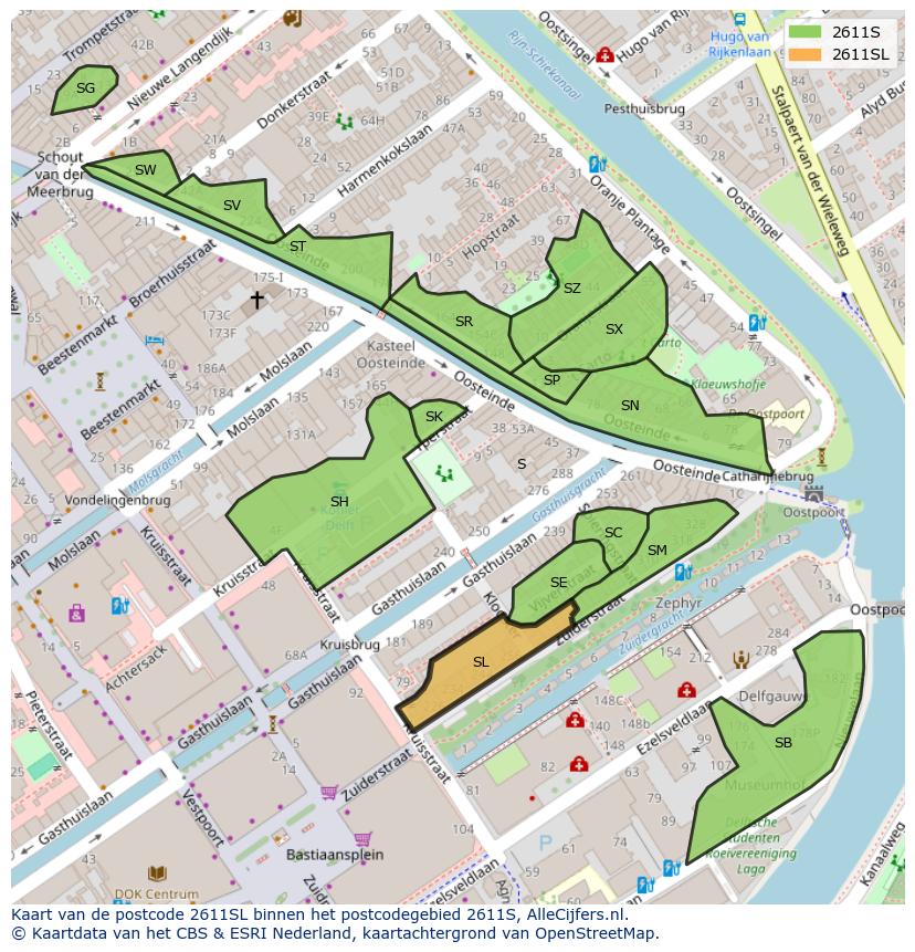 Afbeelding van het postcodegebied 2611 SL op de kaart.