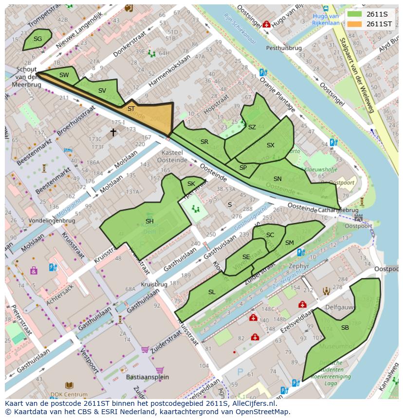 Afbeelding van het postcodegebied 2611 ST op de kaart.