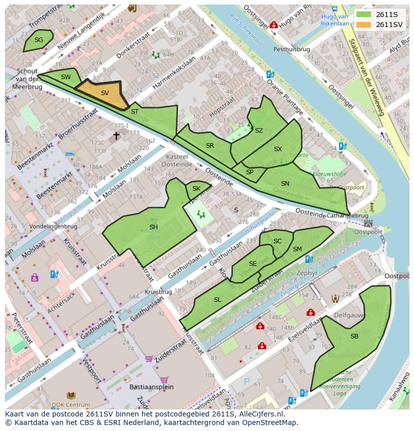 Afbeelding van het postcodegebied 2611 SV op de kaart.