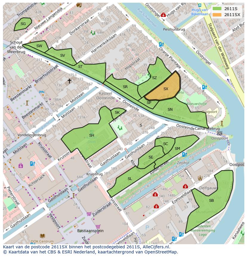 Afbeelding van het postcodegebied 2611 SX op de kaart.