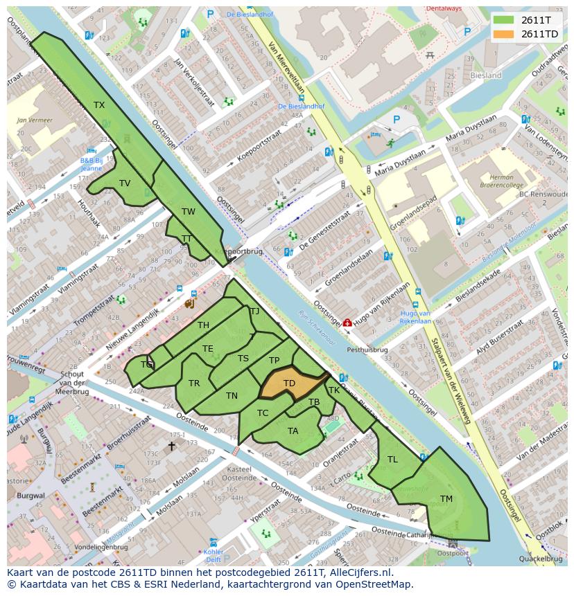 Afbeelding van het postcodegebied 2611 TD op de kaart.