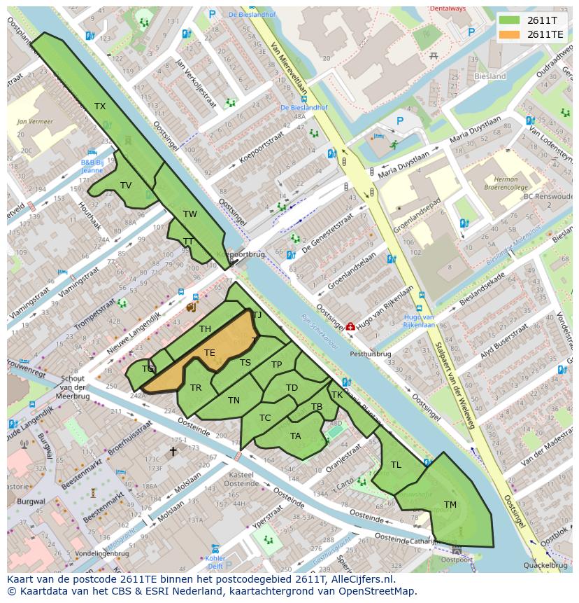 Afbeelding van het postcodegebied 2611 TE op de kaart.
