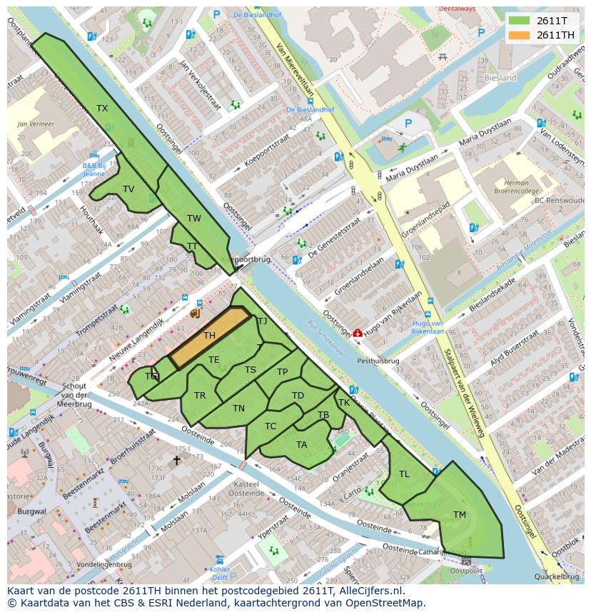 Afbeelding van het postcodegebied 2611 TH op de kaart.