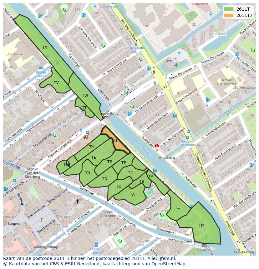 Afbeelding van het postcodegebied 2611 TJ op de kaart.