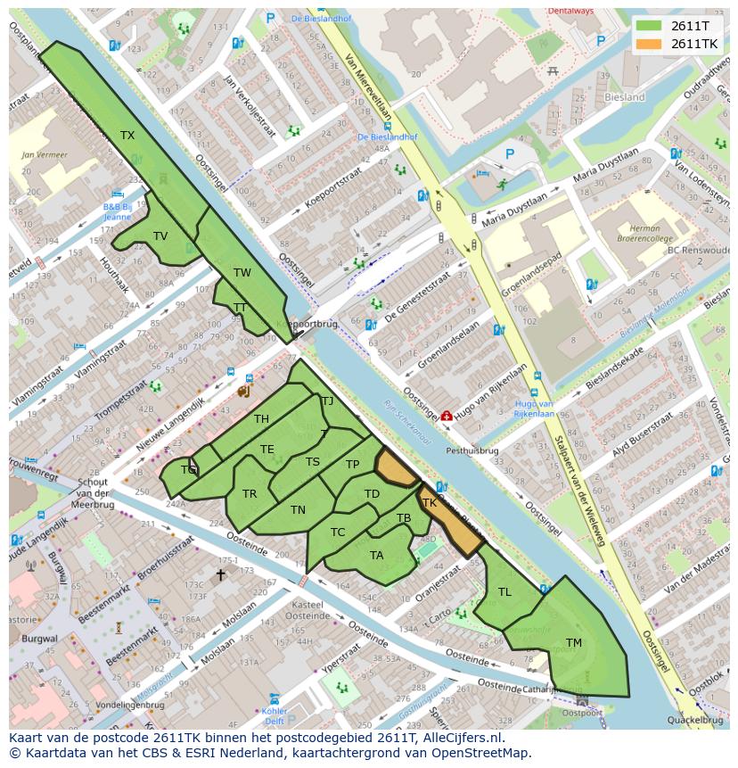 Afbeelding van het postcodegebied 2611 TK op de kaart.