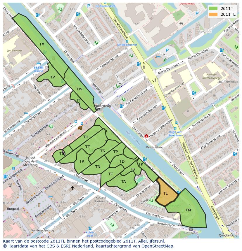 Afbeelding van het postcodegebied 2611 TL op de kaart.