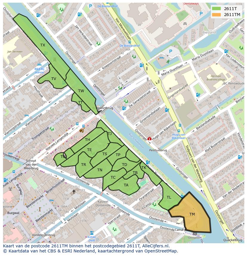 Afbeelding van het postcodegebied 2611 TM op de kaart.