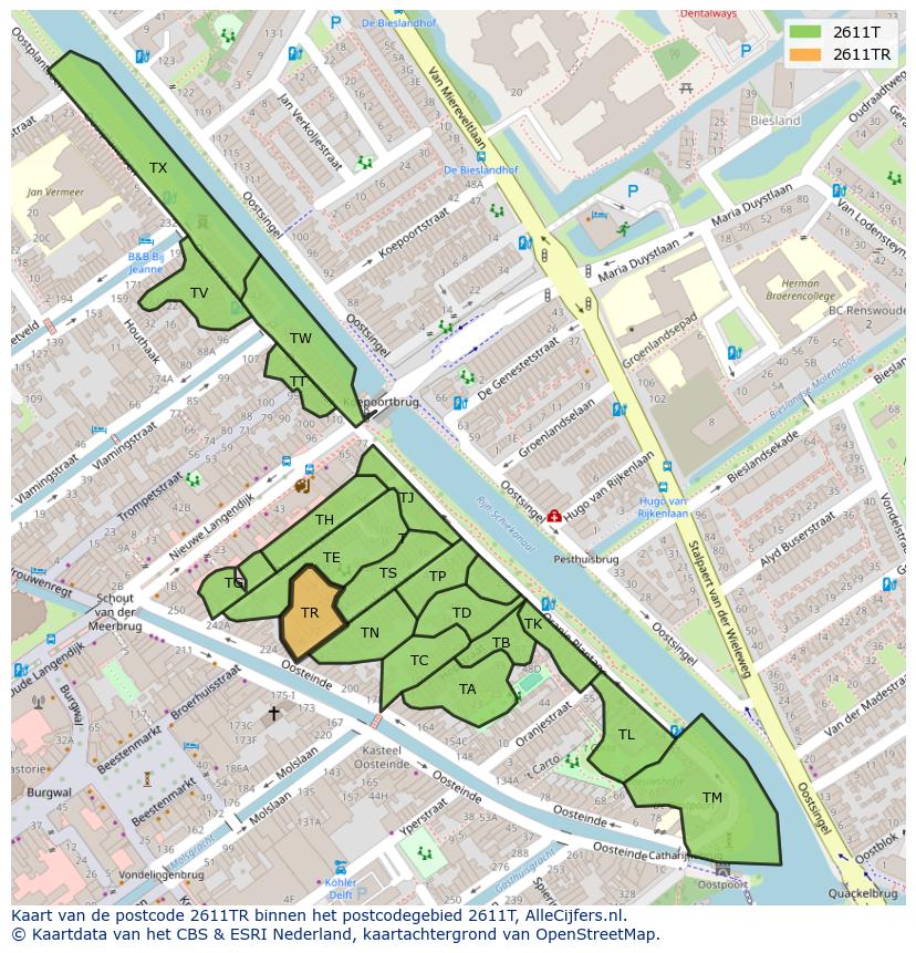 Afbeelding van het postcodegebied 2611 TR op de kaart.