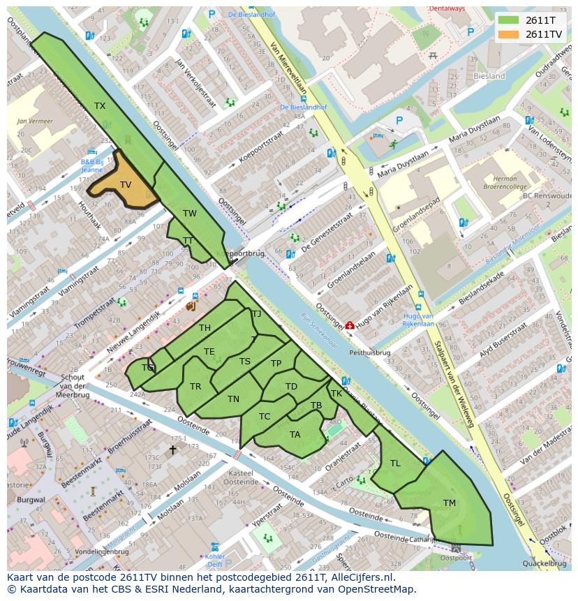 Afbeelding van het postcodegebied 2611 TV op de kaart.