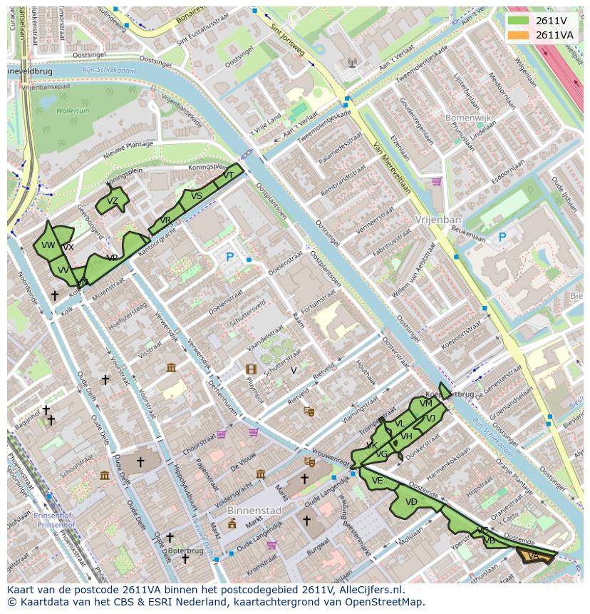 Afbeelding van het postcodegebied 2611 VA op de kaart.