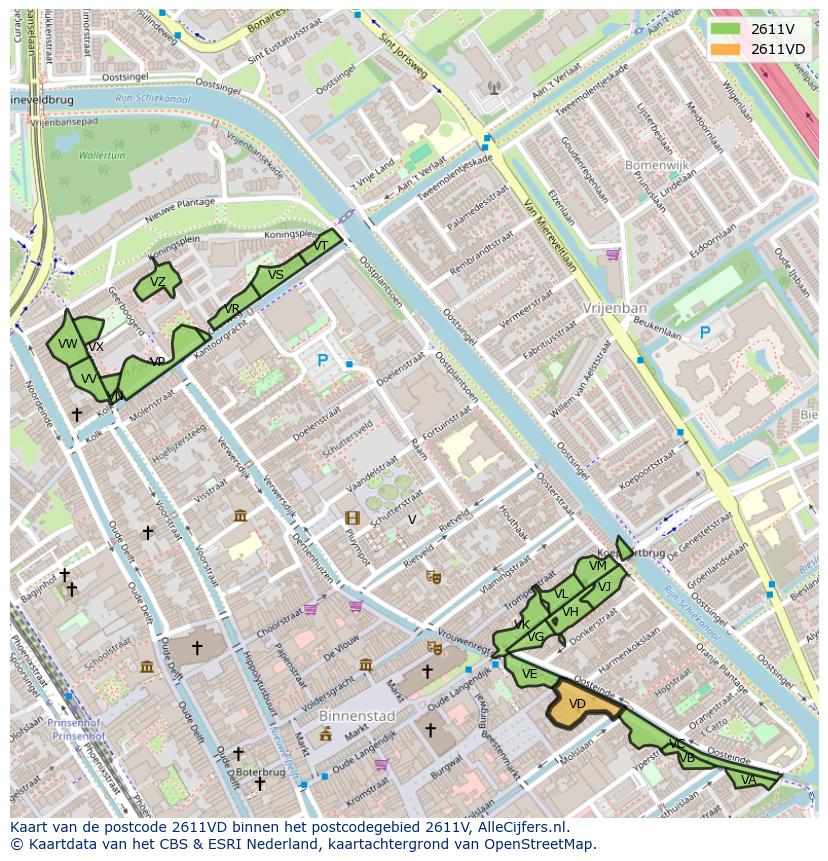 Afbeelding van het postcodegebied 2611 VD op de kaart.