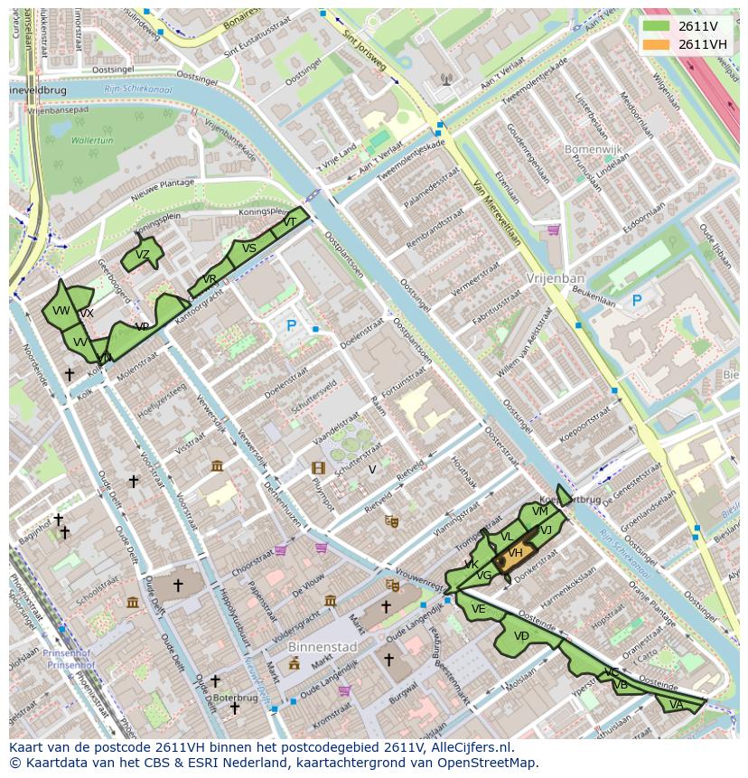 Afbeelding van het postcodegebied 2611 VH op de kaart.