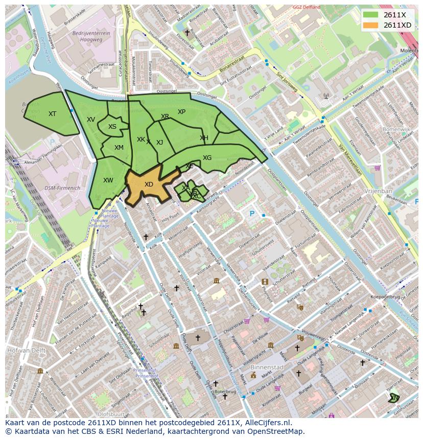 Afbeelding van het postcodegebied 2611 XD op de kaart.