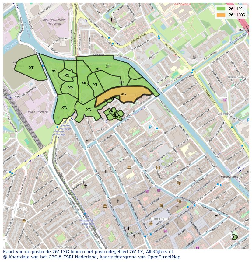 Afbeelding van het postcodegebied 2611 XG op de kaart.