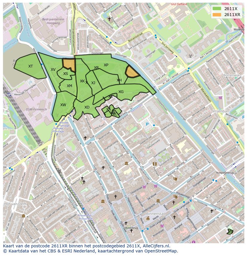 Afbeelding van het postcodegebied 2611 XR op de kaart.
