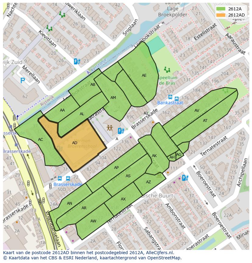Afbeelding van het postcodegebied 2612 AD op de kaart.