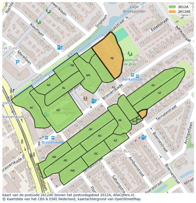 Afbeelding van het postcodegebied 2612 AE op de kaart.