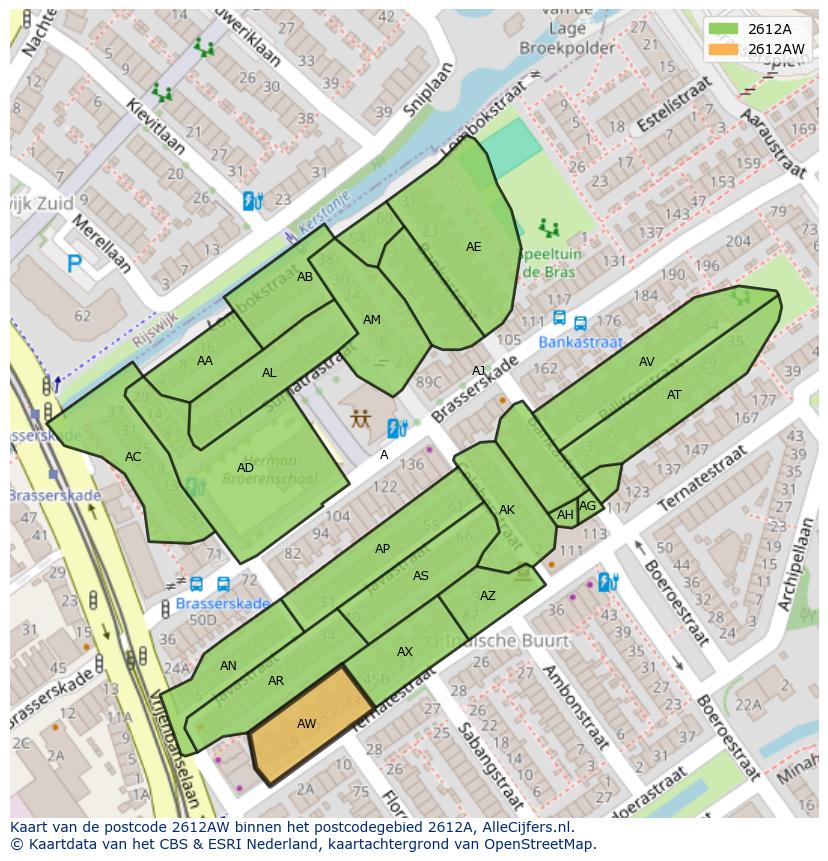 Afbeelding van het postcodegebied 2612 AW op de kaart.