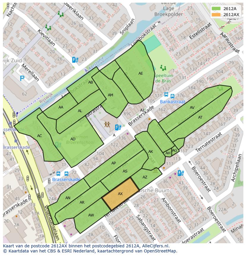 Afbeelding van het postcodegebied 2612 AX op de kaart.