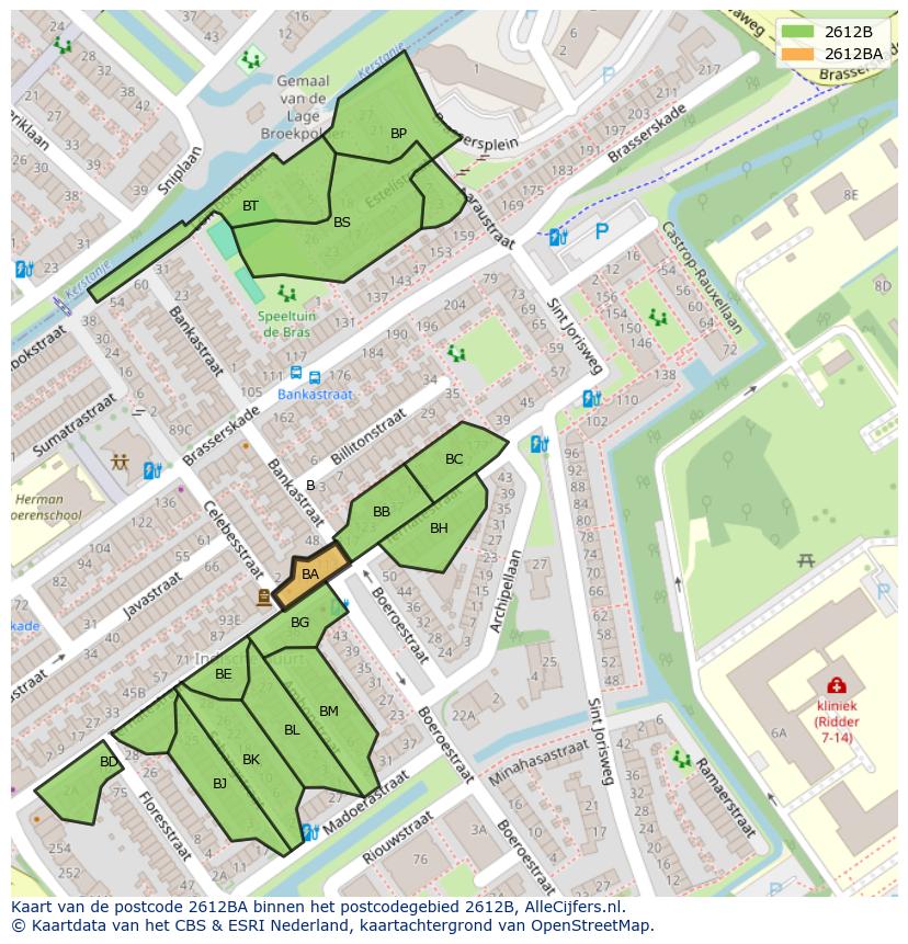 Afbeelding van het postcodegebied 2612 BA op de kaart.