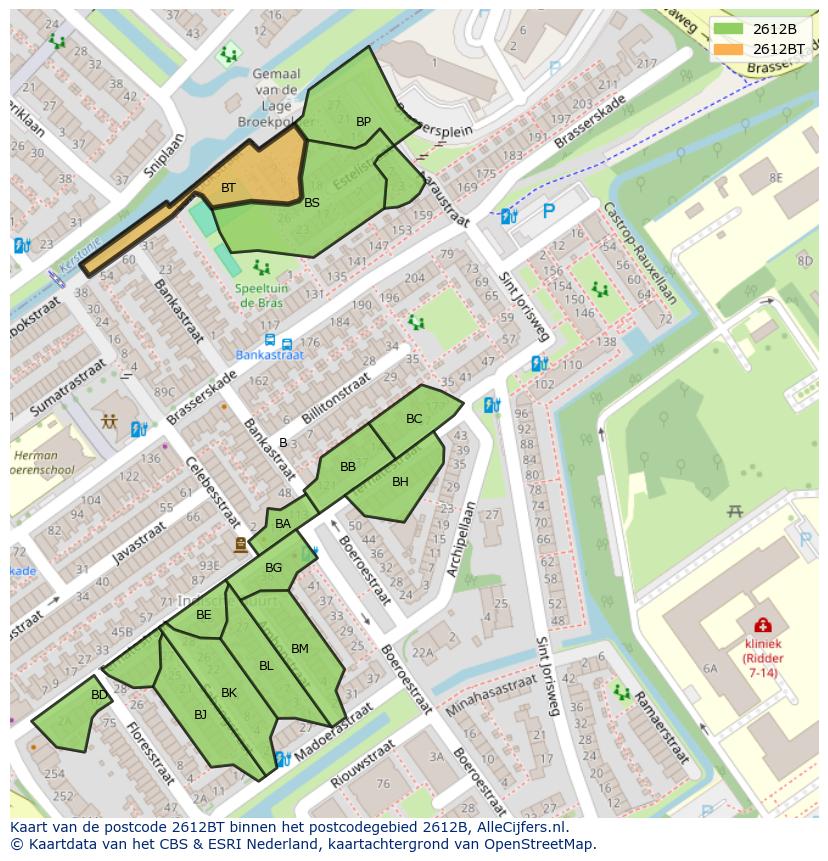 Afbeelding van het postcodegebied 2612 BT op de kaart.