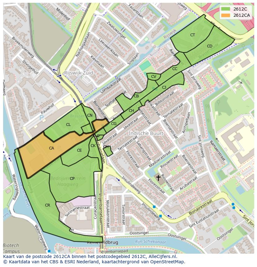 Afbeelding van het postcodegebied 2612 CA op de kaart.