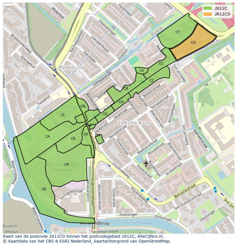 Afbeelding van het postcodegebied 2612 CD op de kaart.