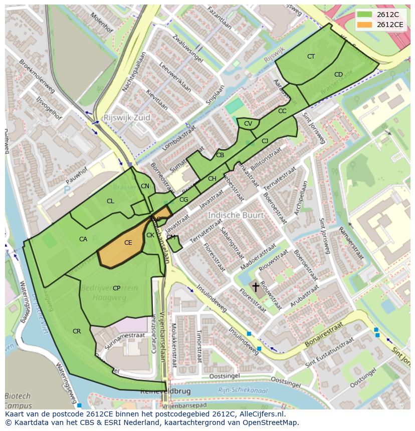 Afbeelding van het postcodegebied 2612 CE op de kaart.