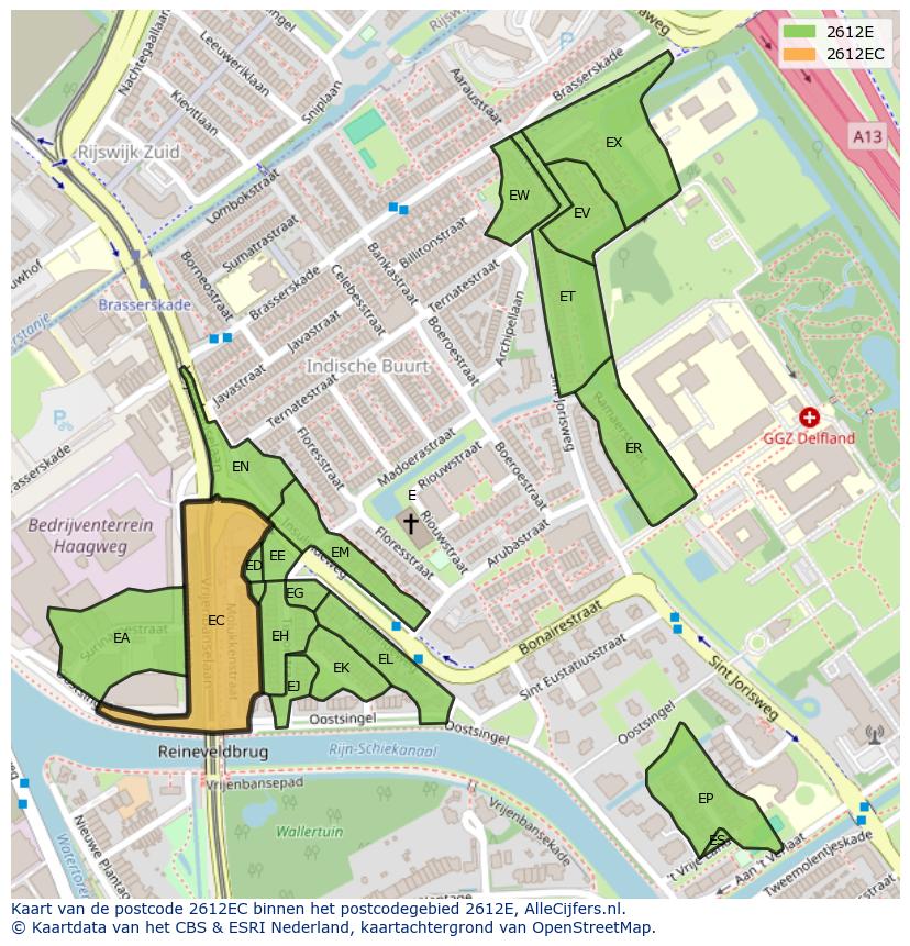 Afbeelding van het postcodegebied 2612 EC op de kaart.