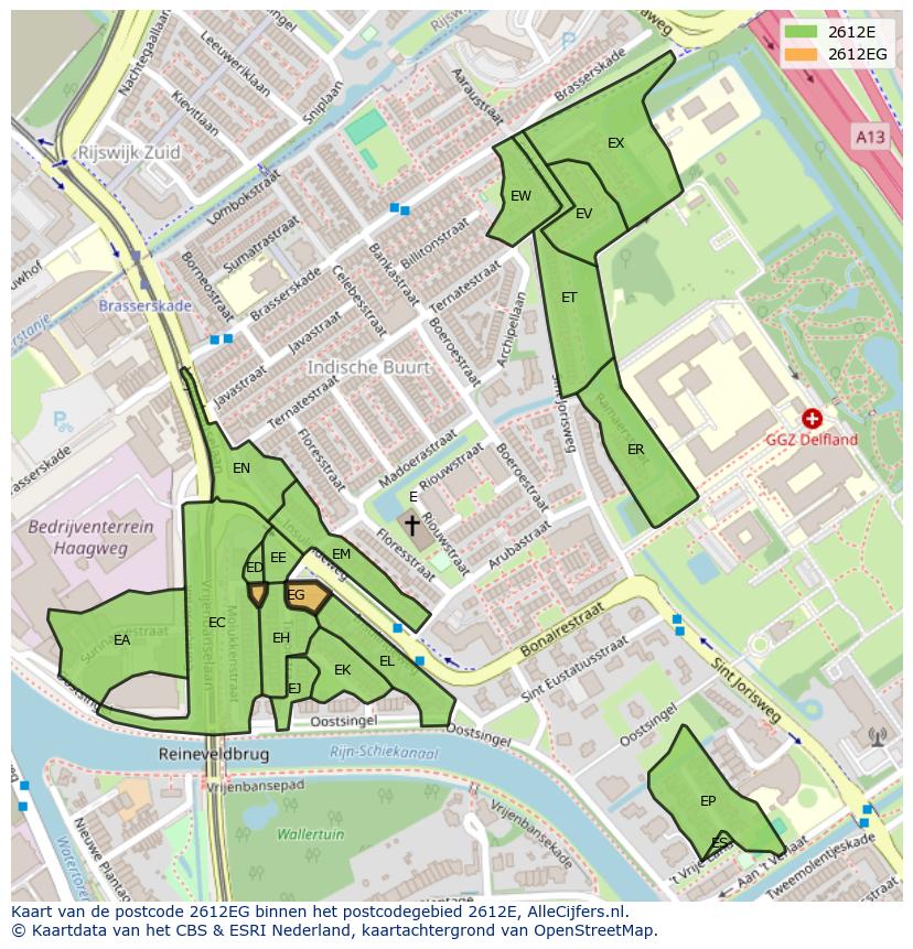 Afbeelding van het postcodegebied 2612 EG op de kaart.