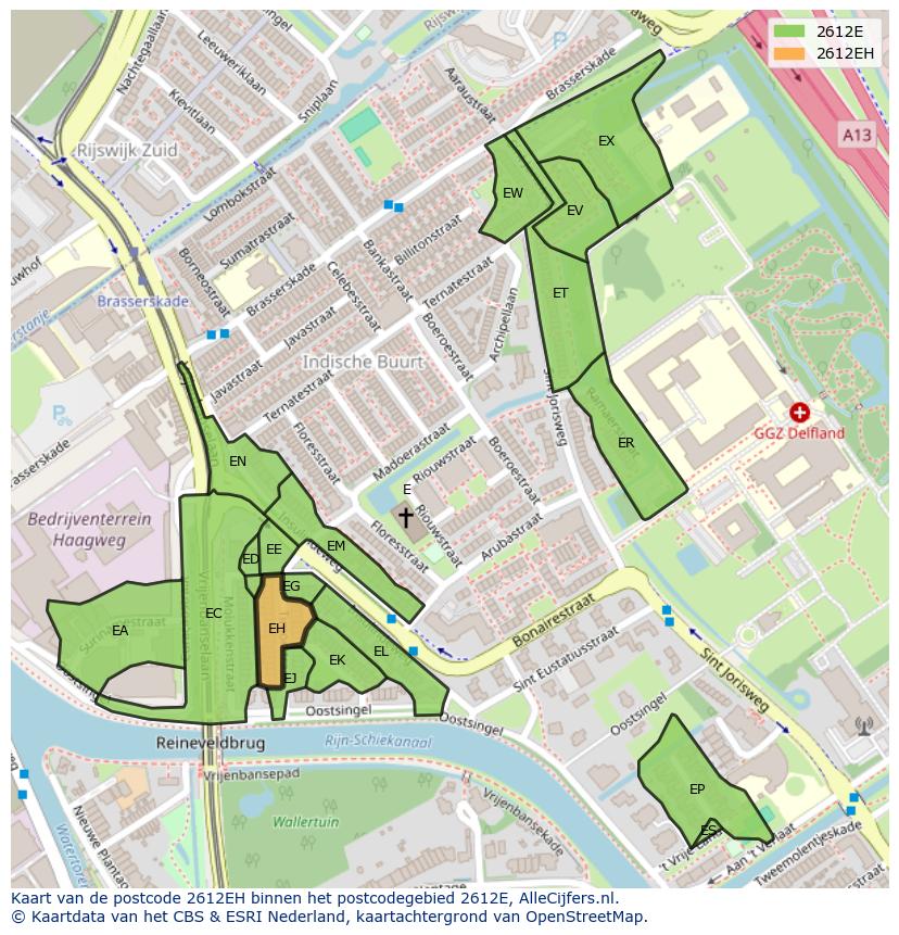 Afbeelding van het postcodegebied 2612 EH op de kaart.