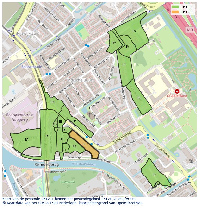 Afbeelding van het postcodegebied 2612 EL op de kaart.