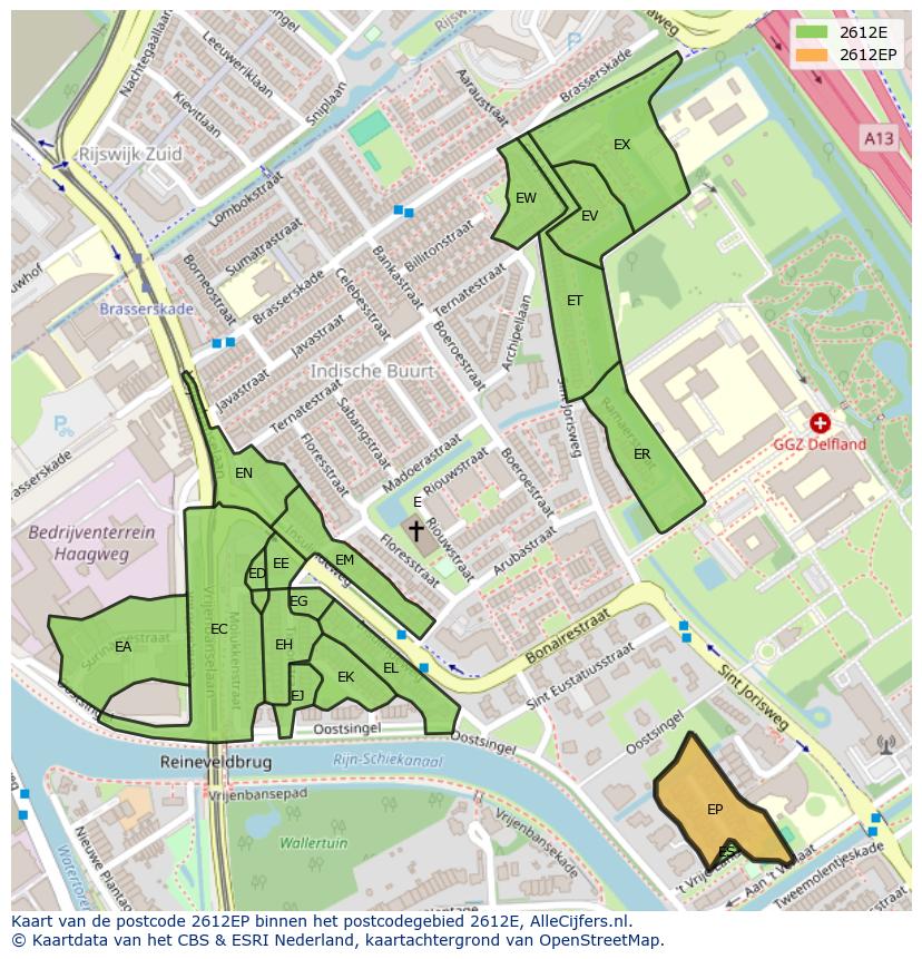 Afbeelding van het postcodegebied 2612 EP op de kaart.