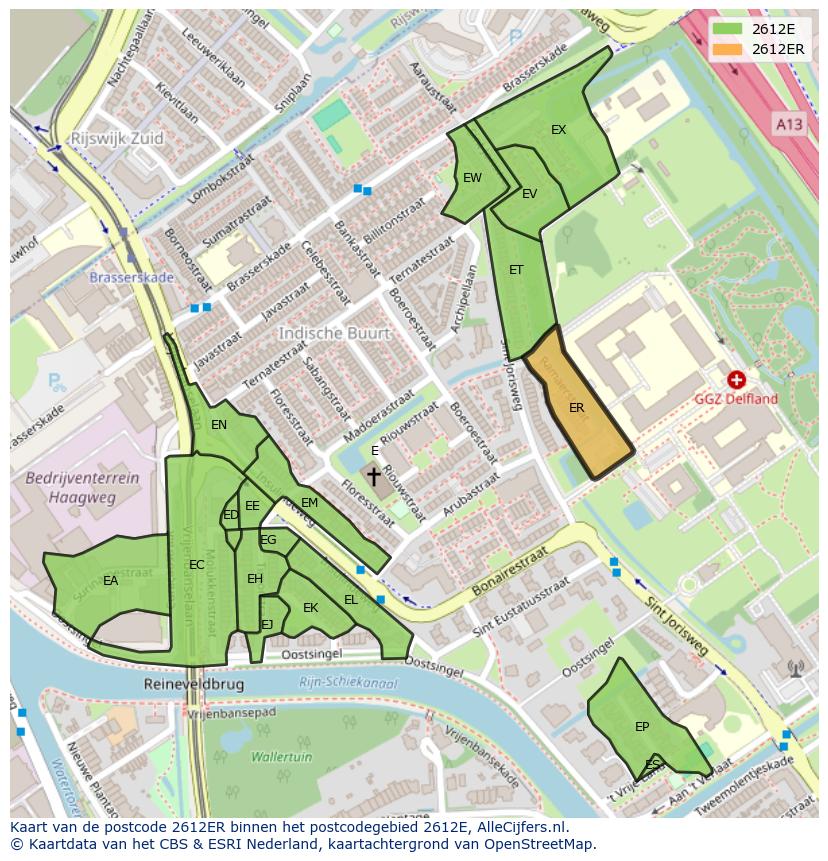 Afbeelding van het postcodegebied 2612 ER op de kaart.