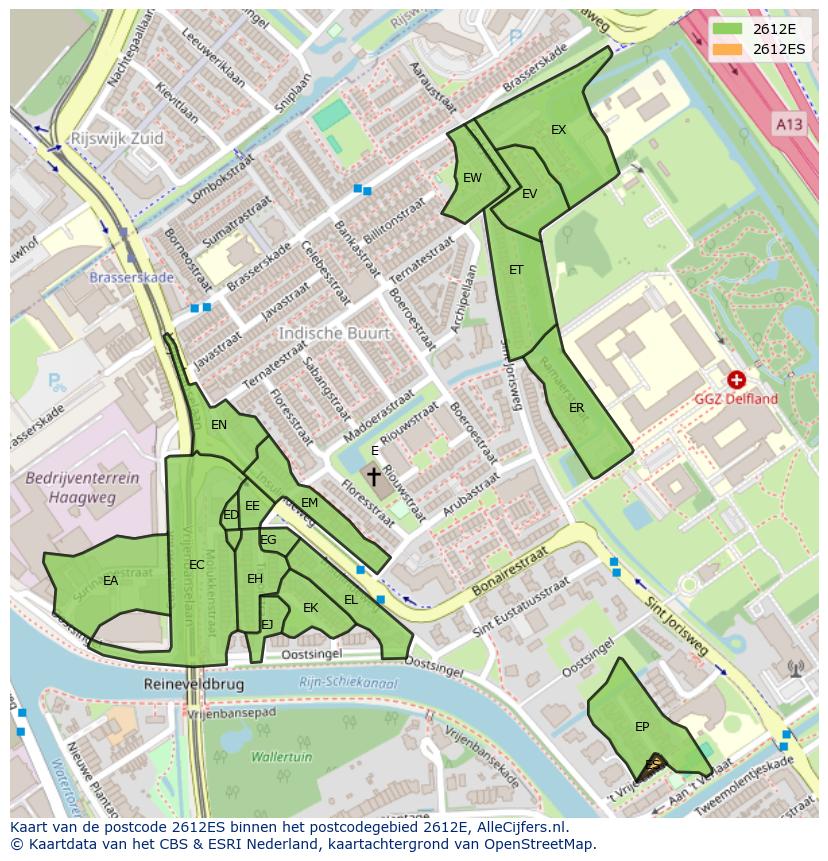 Afbeelding van het postcodegebied 2612 ES op de kaart.
