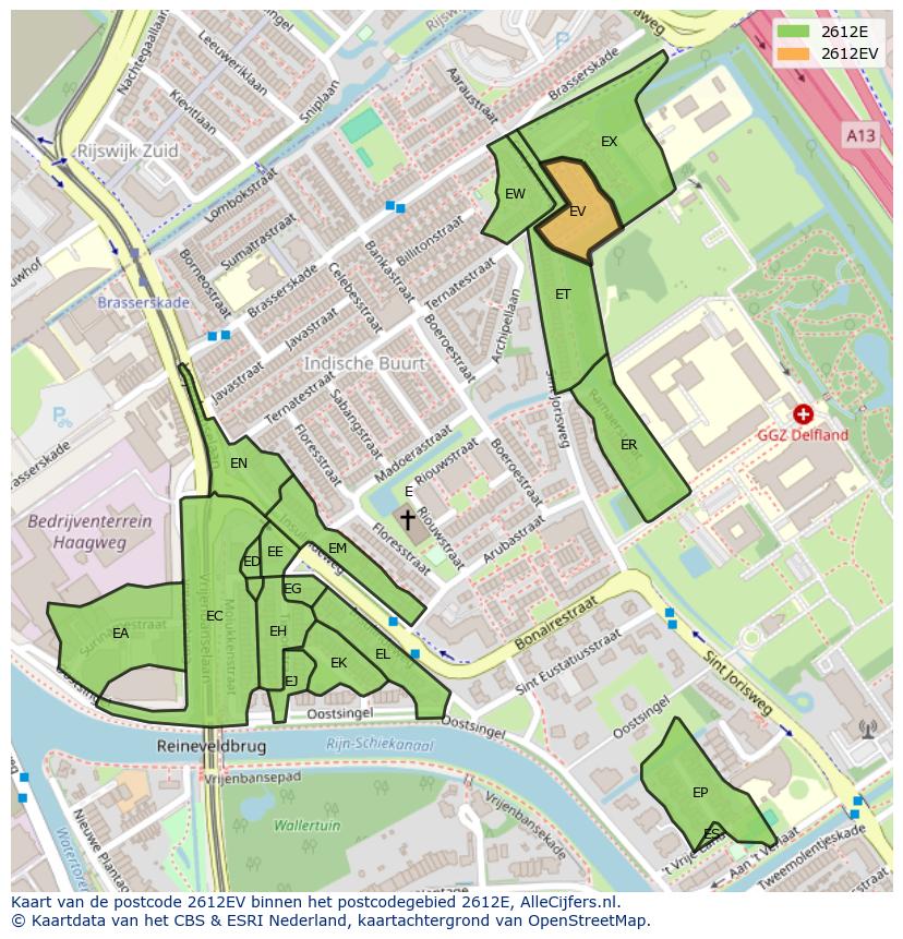 Afbeelding van het postcodegebied 2612 EV op de kaart.
