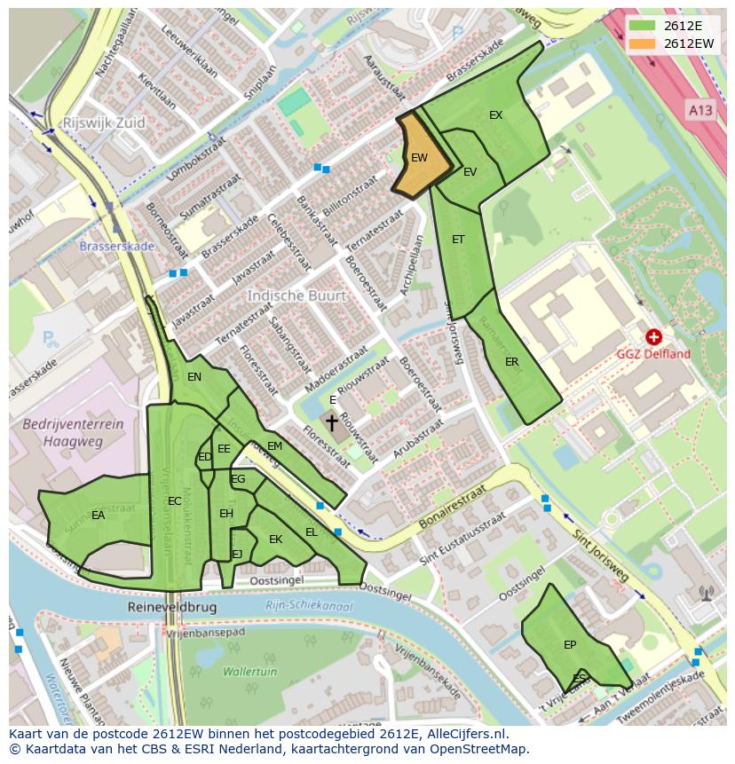 Afbeelding van het postcodegebied 2612 EW op de kaart.