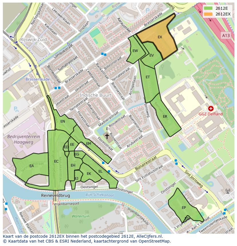 Afbeelding van het postcodegebied 2612 EX op de kaart.