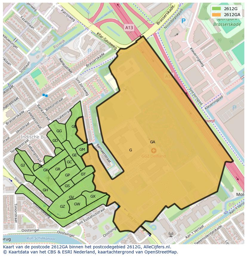 Afbeelding van het postcodegebied 2612 GA op de kaart.