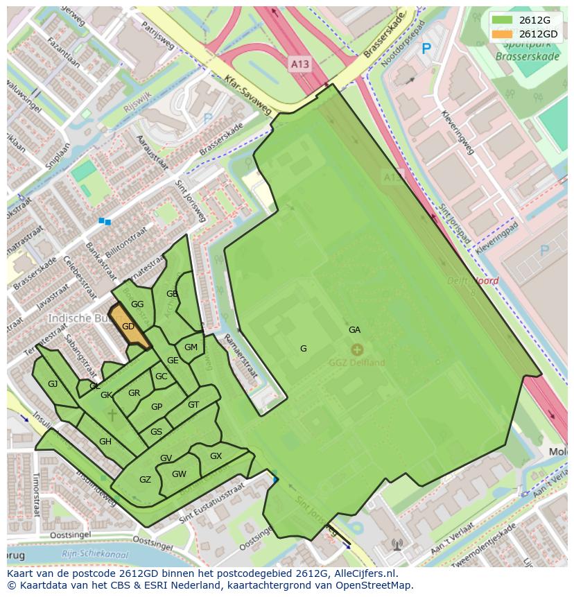 Afbeelding van het postcodegebied 2612 GD op de kaart.