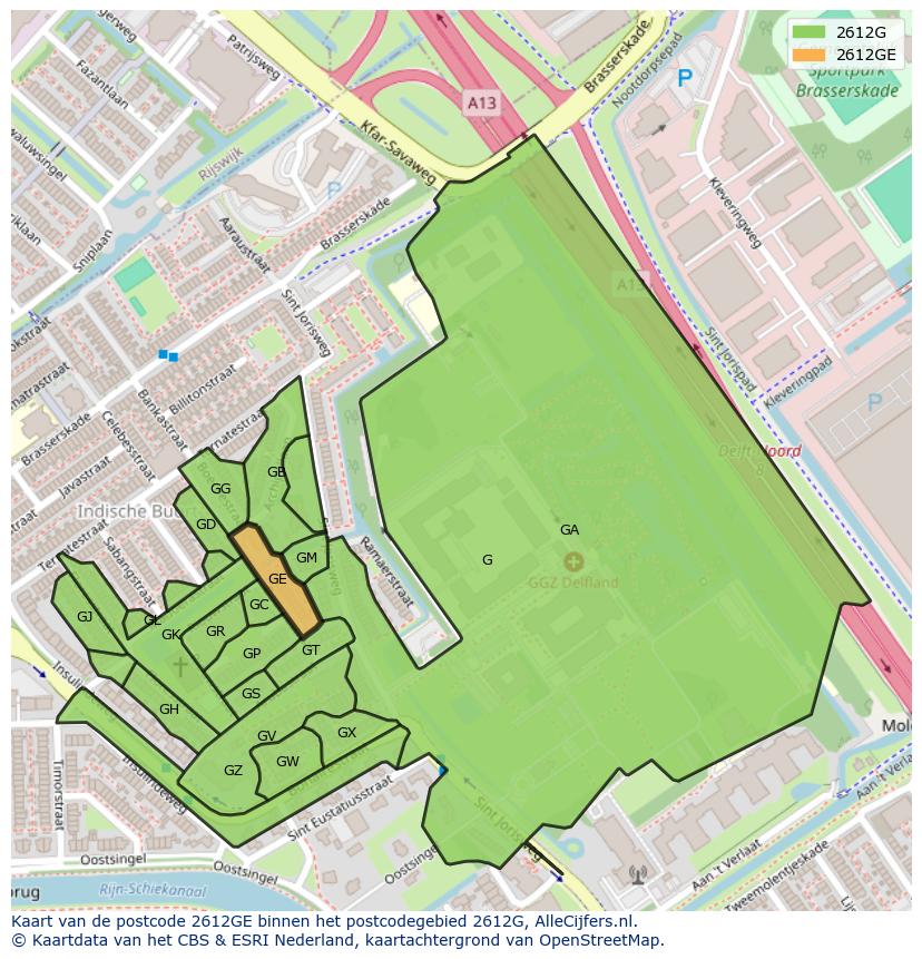 Afbeelding van het postcodegebied 2612 GE op de kaart.