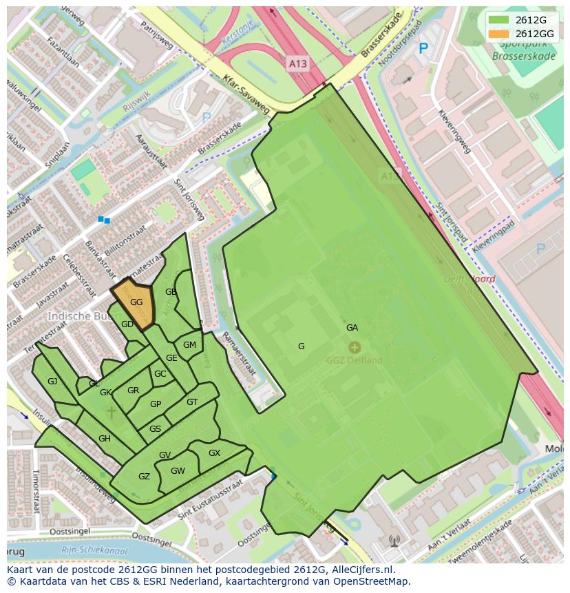 Afbeelding van het postcodegebied 2612 GG op de kaart.