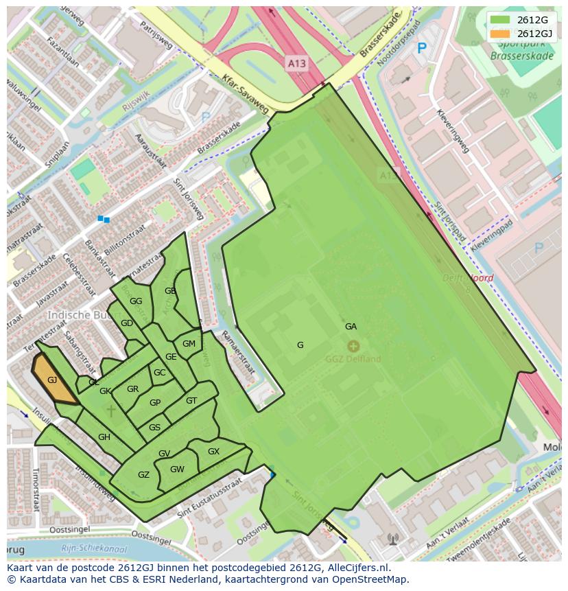 Afbeelding van het postcodegebied 2612 GJ op de kaart.