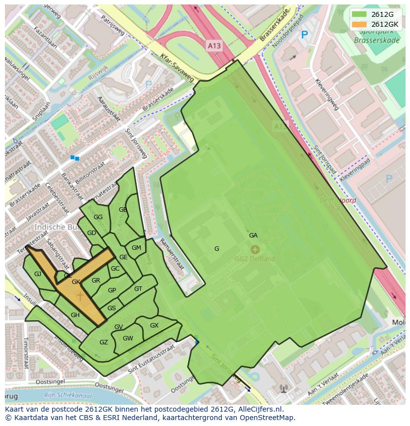 Afbeelding van het postcodegebied 2612 GK op de kaart.