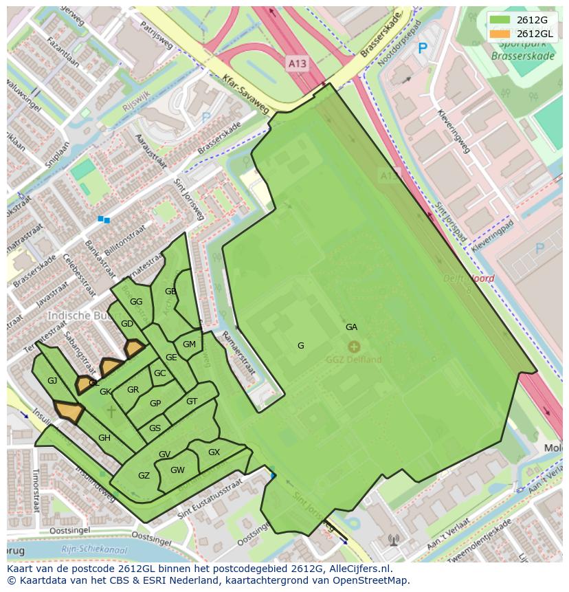 Afbeelding van het postcodegebied 2612 GL op de kaart.