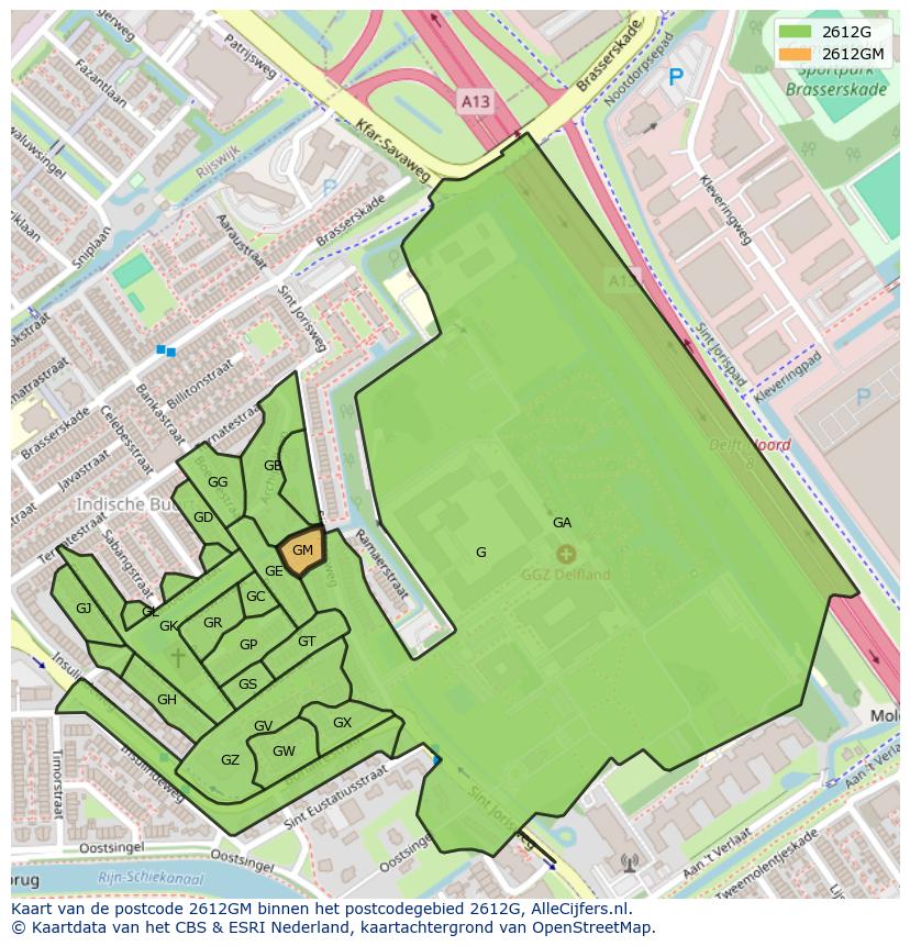 Afbeelding van het postcodegebied 2612 GM op de kaart.