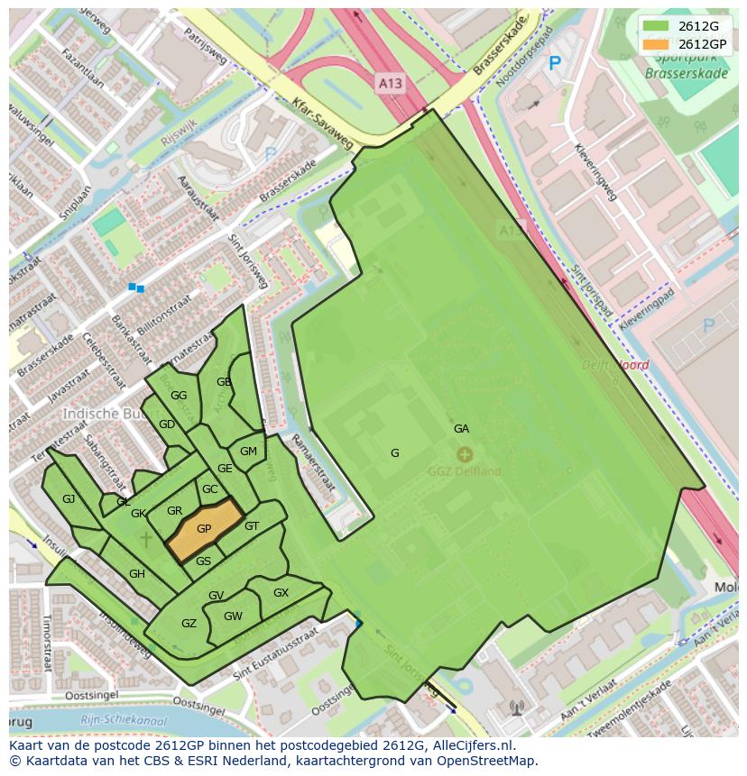 Afbeelding van het postcodegebied 2612 GP op de kaart.
