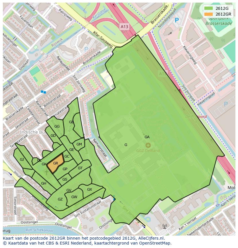 Afbeelding van het postcodegebied 2612 GR op de kaart.
